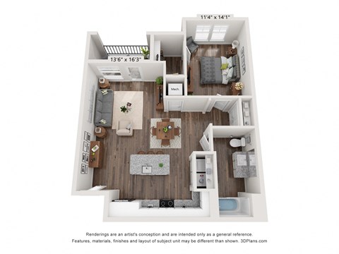 Floor plan for 1 bed, 1 bath, 867 sqft